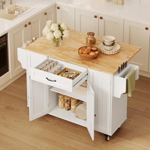 47.6" Kitchen Island with Storage, Drop Leaf, Knife Holder, White | Kitchen Island on Wheels with Door Cabinet, Drawer, Spice Rack, Towel Rack, and Knife Holder for Kitchen Storage - size: 47.6 Inch-White