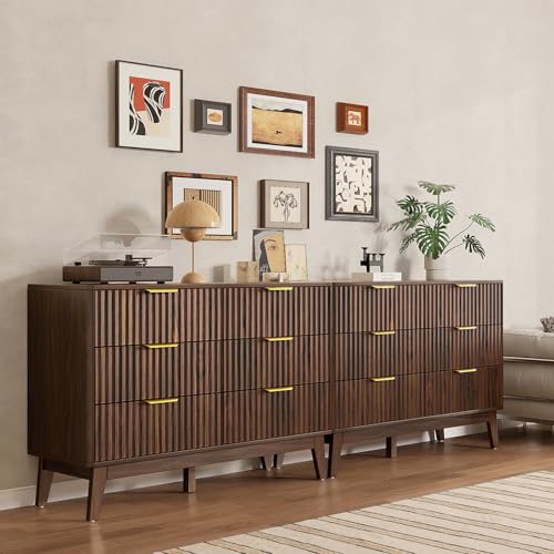 6-Drawer Dresser Fluted Drawers, Mid-Century, Walnut | 47.2"W x 15.4"D x 32.3"H, 130 lbs top / 40 lbs per drawer (7.7"H), 6 fluted drawers, gold handles, anti-tip straps - size: 15.4"D x 47.2"W x 32.3"H (6 Drawers)
