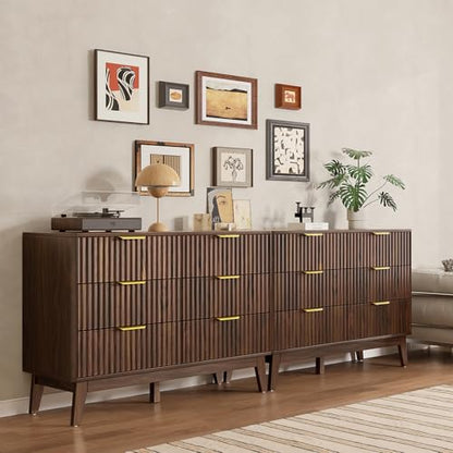6-Drawer Dresser Fluted Drawers, Mid-Century, Walnut | 47.2"W x 15.4"D x 32.3"H, 130 lbs top / 40 lbs per drawer (7.7"H), 6 fluted drawers, gold handles, anti-tip straps - size: 15.4"D x 47.2"W x 32.3"H (6 Drawers)