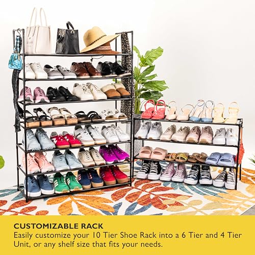 Sundaze Shoe Rack - 10 Tier Shoe Rack for Front Door Entrance, Sturdy Tall Shoe Organizer for Closet, Bedroom, Entryway, Garage, Non Woven Fabric Shelf, Black, Holds Up to 50 Pairs - size: 10 Tier (34.3" W)