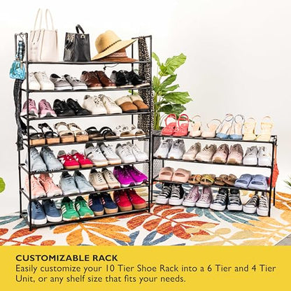 Sundaze Shoe Rack - 10 Tier Shoe Rack for Front Door Entrance, Sturdy Tall Shoe Organizer for Closet, Bedroom, Entryway, Garage, Non Woven Fabric Shelf, Black, Holds Up to 50 Pairs - size: 10 Tier (34.3" W)