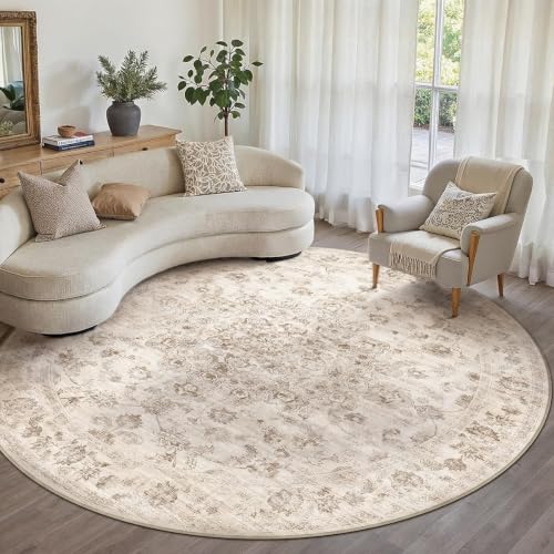 8x8 Beige Neutral Round Rug | Washable, Non Slip, Soft Low Pile, Vintage Farmhouse, for Dining Room Living Room Bedroom Office Entryway Indoor Home Decor - color: Beige, size: 8' (Round)