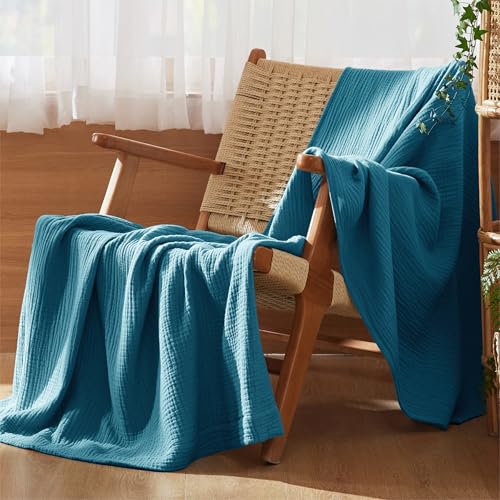 Bedsure 100% Cotton Muslin Blankets for Adults, Large Throw, Teal | 4-Layer Breathable,Lightweight, Soft Cooling Summer Gauze Cotton Throw Blanket for Couch, Sofa，Travel, All Season, 50"x70" - color: 01 - Teal, size: Throw XL (50" X 70")