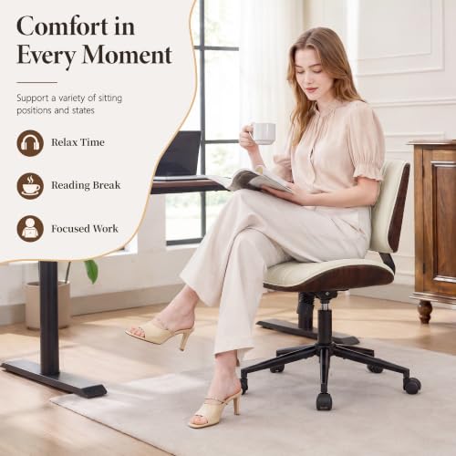 Armless Office Chair, Small Comfy Leather Desk Chair with Wheels | PU Leather, Adjustable Height, Swivel Rolling, Mid Back Computer Chair, Home Bedroom Meeting Room, Beige - color: Beige