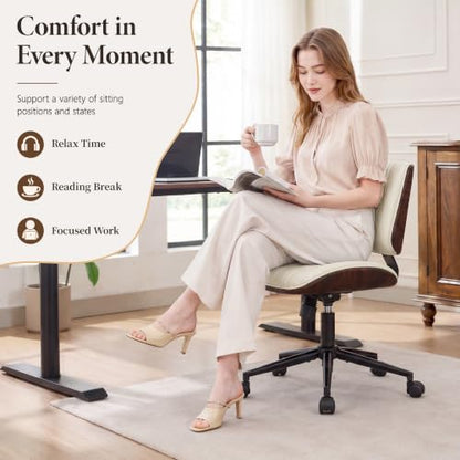 Armless Office Chair, Small Comfy Leather Desk Chair with Wheels | PU Leather, Adjustable Height, Swivel Rolling, Mid Back Computer Chair, Home Bedroom Meeting Room, Beige - color: Beige