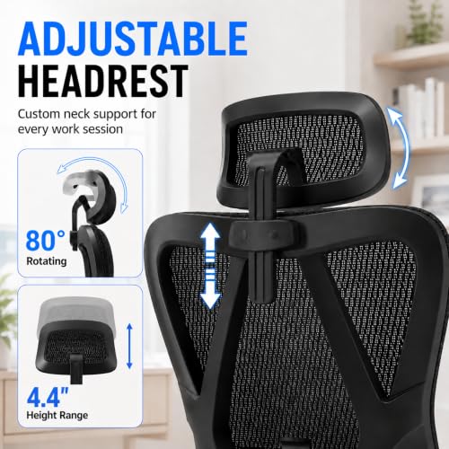 Ergonomic Office Chair, Full Mesh Desk Chair with 5D Armrests | Adjustable Lumbar Support & Headrest, 135° Stepless Reclining Backrest, Holds 350 LBS Home Task Computer Chair