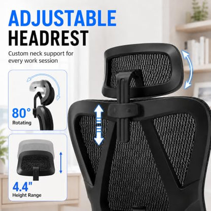 Ergonomic Office Chair, Full Mesh Desk Chair with 5D Armrests | Adjustable Lumbar Support & Headrest, 135° Stepless Reclining Backrest, Holds 350 LBS Home Task Computer Chair