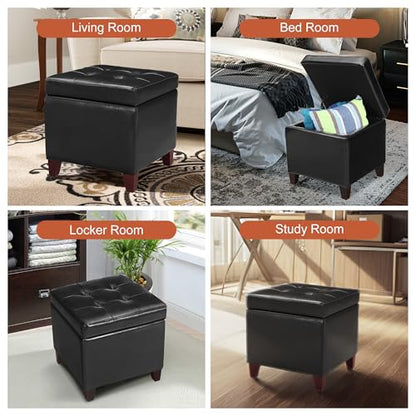 Storage Ottoman, 17" Fuax Leather Square Tufted Footrest Stool with Hinged Lid & Wooden Legs, Extra Seat or Coffee Table for Living Room, Bedroom, Entryway, Black - color: Black Leather