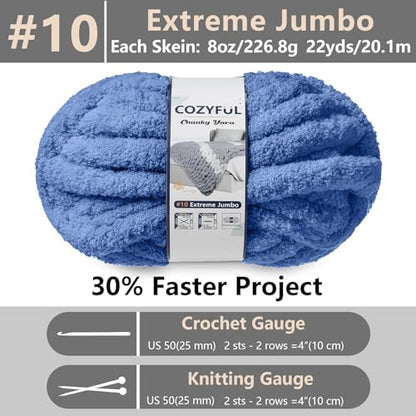Cozyful Chunky Yarn for Hand Knitting - #10 Chunky Chenille Yarn, Jumbo Big Thick Chunky Yarns for Crocheting, Super Bulky Chunky Knit Blanket Yarns, 8 Skein (22 yds 8 oz Each Skein), Country Blue - color: Country Blue