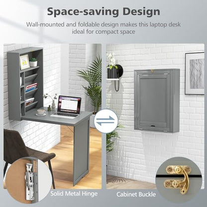 GOFLAME Wall Mounted Folding Desk with 3-Tier Tilt Storage Partition and Adjustable Shelves, Space-Saving Convertible Writing Desk for Home Office, Gray - color: Grey