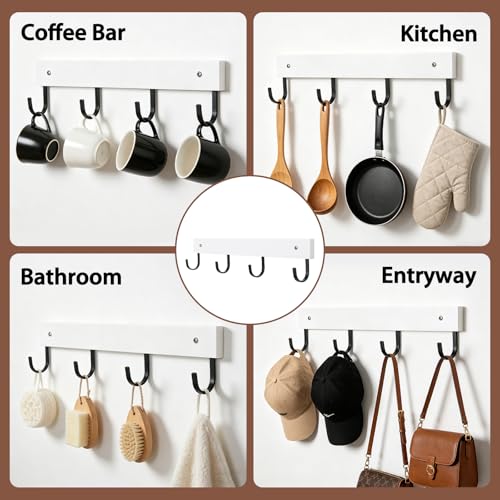 SCUNDA Mug Hook for Wall, 180° Swivel Hooks for Cups, Wooden Wall Mounted Rotatable Hooks for Hanging Mugs, Hats, Keys, Kitchen Utensils, Robe, Towel, Strong Metal Hook with Wood Base (2-Pack, White) - color: White