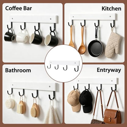 SCUNDA Mug Hook for Wall, 180° Swivel Hooks for Cups, Wooden Wall Mounted Rotatable Hooks for Hanging Mugs, Hats, Keys, Kitchen Utensils, Robe, Towel, Strong Metal Hook with Wood Base (2-Pack, White) - color: White