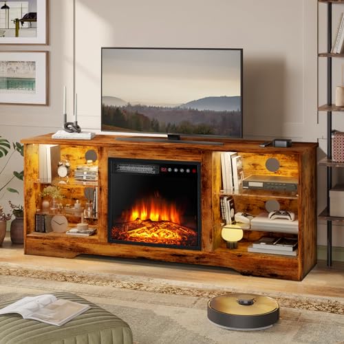 Fireplace TV Stand for up to 65 Inch TVs, Space-Saving LED Modern Entertainment Center for Small Apartments with Built-in 18" Electric Fireplace Heater & Adjustable Glass Shelves, Brown - color: Brown, size: 58"