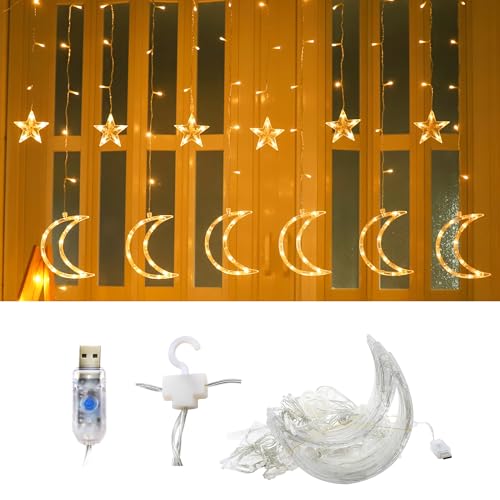 138 Led Curtain String Light Star Moon Icicle Light with 8 Lighting Modes Timer USB Operated Dimmable Fairy String for Window Wall Home Decoration Warm White - size: Moon and Star