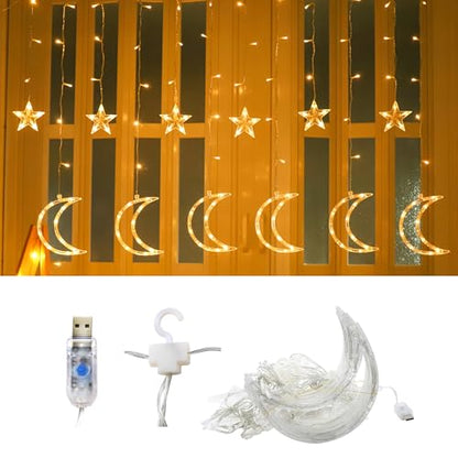 138 Led Curtain String Light Star Moon Icicle Light with 8 Lighting Modes Timer USB Operated Dimmable Fairy String for Window Wall Home Decoration Warm White - size: Moon and Star