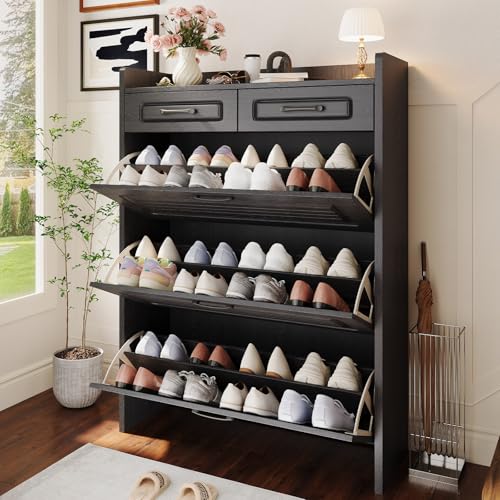 Lakifun Narrow Shoe Organizer Cabinet with 3 Large Flip Drawers & 2 Storage Drawers - Slim Shoe Storage for Entryway, Hallway, Bedroom, Apartment, Dark Black - color: Dark Black