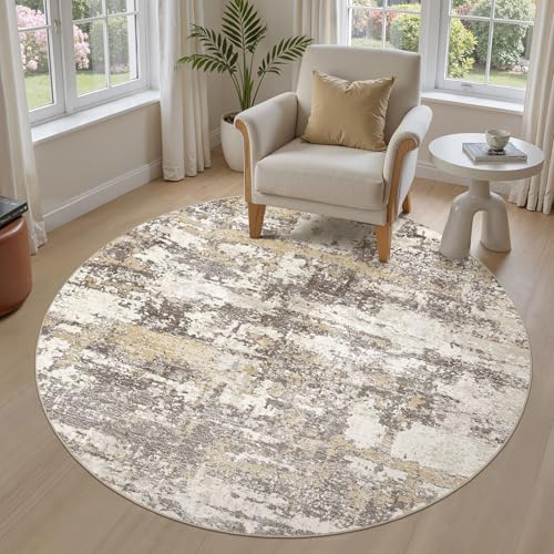 6ft Round Rug, Circle Area Rugs for Living Room, Gold Brown | Abstract Washable Rug Modern Large Soft Stain Resistant Non Slip Backing for Bedroom Dining Room Office Home Decor - color: Gold Brown, size: 6' (Round)