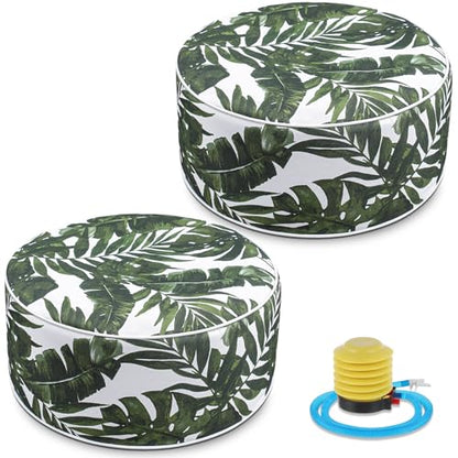 Cinnvoice 2 Pcs Inflatable Outdoor Ottoman Pouf Waterproof Round Footrest with Handle D21 x H9 Inch Indoor Outdoor Portable Footstool for Patio Garden Camping or Home Pool(Leaf) - style: Leaf