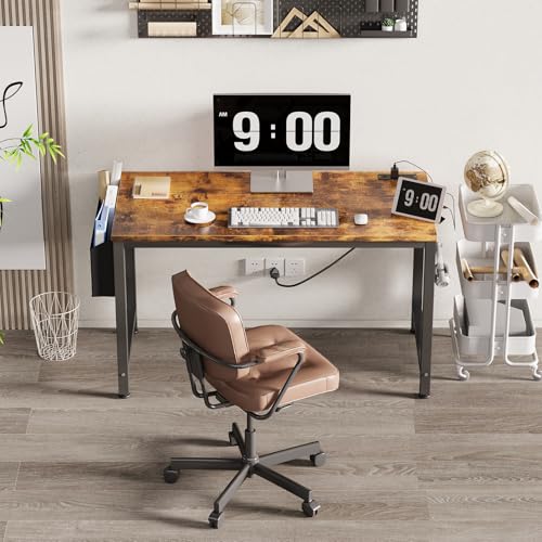 Lufeiya Computer Desk with Power Outlet, 47 inch Teen Study Table Home Office Work Writing Gaming Desks with Charging Station Outlets Built in, Brown - color: Rustic Brown, size: 47.2"