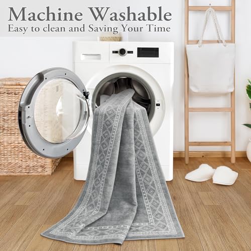 Lahome Modern Bordered Kitchen Rugs Non Slip, 2x3 Entryway Rugs Indoor Washable Ultra-Thin Indoor Door Mat, Soft Throw Carpet for Bathroom Bedroom Entry (2x3ft,Grey) - color: Light Grey, size: 2' x 3'