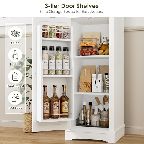 71" Tall Narrow Storage Cabinet with Reversible Doors, Small Pantry, White | Slim Kitchen Pantry with Adjustable Shelves, Spice Rack, Modern Narrow Cabinet for Bathroom, Living Room, Entryway