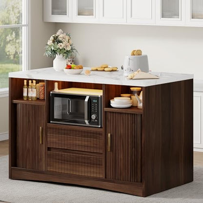 Island Table for Kitchen,Kitchen Island with Storage Marble Island | Cart with Power Outlet & RGB LED Light, Rolling Buffet Cabinet with Microwave Shelf, 2 Drawers, Marble Countertop, Walnut - color: Walnut