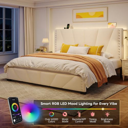 EnHomee King Size Bed Frame with Velvet Headboard, LED Lights & USB, Beige | Adjustable Velvet Headboard, Under-Bed Space,Heavy Duty Support with 12 Silent Slats, No Box Spring Needed, Easy Assembly - color: Beige, size: King (U.S. Standard)