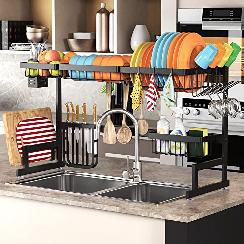 PUSDON Over the Sink Dish Drying Rack, 2 Tier Adjustable Large Capacity Stainless Steel Dish Rack for Kitchen Counter, Heavy Duty Space Saver Organizer with Utensil Holder, Black - color: Black, size: 2Tier - Standard(26"-38")