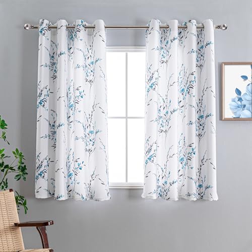 MYSKY HOME Bedroom Curtains 63 Inches Length 2 Panels Set Floral Curtains Thermal Insulated Grommet Curtain Light Filtering Soft Window Botanical Print Leaf Curtains for Living Room, Teal | Thermal Insulated Light Filtering Room Darkening for Bedroom Leaf