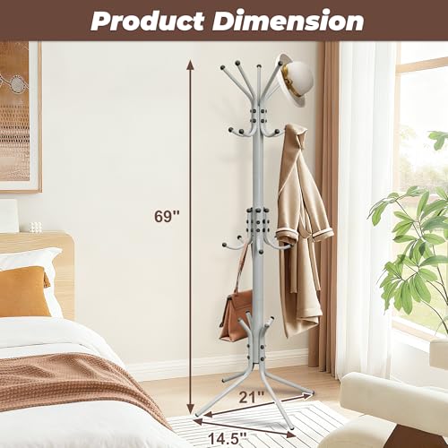 Metal Coat Rack, Freestanding Coat Tree & Hall Tree with 15 Hooks, Sturdy Coat Rack Stand and Hat Rack, Coat Hanger for Entryway, Bedroom, Office for Jackets, Hats, Bags, Grey - color: GREY
