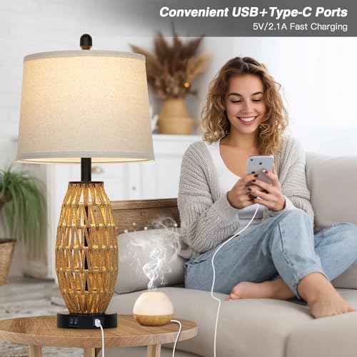 CINSARY 27" Boho Rattan Table Lamp with Night Light, Wicker Bedside Lamp with USB A+C Charging Port, Woven Coastal Bedroom Lamps for Nightstand, Tall Farmhouse Lamps for Living Room Single - color: Rattan-1P