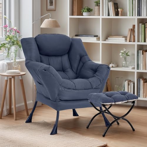 Lazy Chair with Ottoman, Soft Comfy Chair for Bedroom, Navy | Reading Accent Lounge Chair with folding Foot Stool for Living Room Dorm Apartment, sturdy metal frame - color: Navy