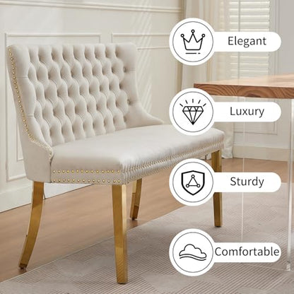 Beige Velvet Dining Bench with Back, Tufted Banquette Seating, Gold Legs | Upholstered loveseat bench; tufted back; nailhead trim; 500 lb capacity; foam and spring seat; dining room or entryway - color: Beige(gold Stainless Steel Legs)