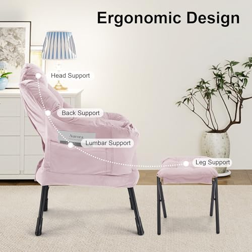 Lazy Chair with Ottoman, Modern Accent Lounge Chair with Side Pocket and Armrests, Cozy Reading Armchair with Footrest, Upholstered Sofa Chair for Small Spaces, Bedroom Living Room, Pink - color: Pink