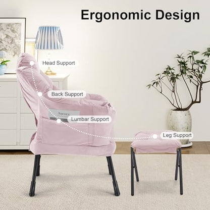 Lazy Chair with Ottoman, Modern Accent Lounge Chair with Side Pocket and Armrests, Cozy Reading Armchair with Footrest, Upholstered Sofa Chair for Small Spaces, Bedroom Living Room, Pink - color: Pink