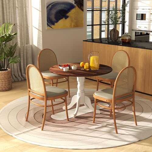 GIANTEX Round Dining Table, 39" D X 29" H, Rubber Wood Pedestal Table W/Round Tabletop & Curved Trestle Legs, 4-Person Dinner Table for Kitchen, Dining Room, Restaurant (Walnut & White) - color: Walnut & White