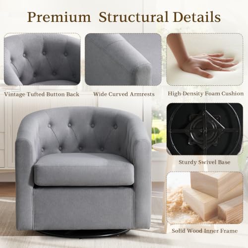 ANJ Swivel Accent Chair, 360 Degree Round Swivel Barrel Chairs with Padded Armrests & Comfy Backrest, Modern Linen Fabric Armchair for Living Room, Bedroom, Office, Grey - color: Grey