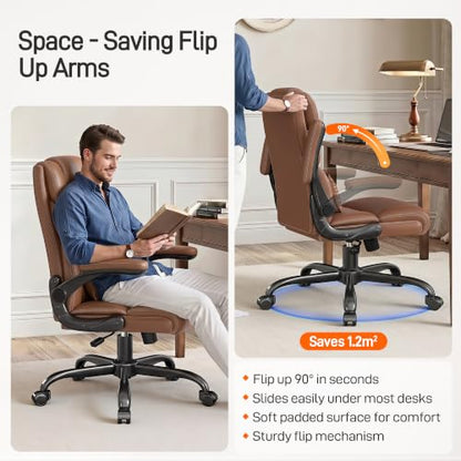 Office Chair, Executive Mid-Back Computer Desk Chair with Flip-up Armrests | 300 Lbs Ergonomic Leather Swivel PC Chair with Rock Function for Working Studying (Brown) - color: Brown