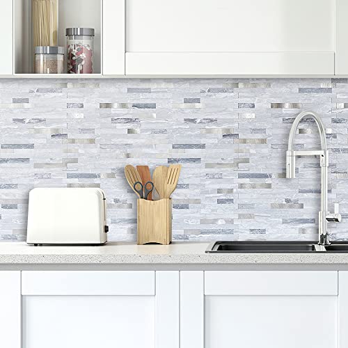 DICOFUN 10-Sheets Peel and Stick Backsplash Wall Tile, Faxu Stone PVC Mixed Metal Kitchen Backsplash Peel and Stick in Light Grey - color: Light Grey and Metal Silver, size: 10 Sheets, 12’’x12’’x0.12’’