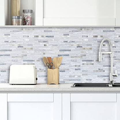 DICOFUN 10-Sheets Peel and Stick Backsplash Wall Tile, Faxu Stone PVC Mixed Metal Kitchen Backsplash Peel and Stick in Light Grey - color: Light Grey and Metal Silver, size: 10 Sheets, 12’’x12’’x0.12’’