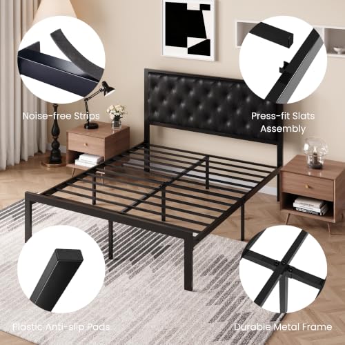 SHA CERLIN Queen Size Metal Bed Frame with PU Tufted Headboard, Black | Modern Design Heavy-Duty Platform Bed, No Box Spring Need, PU Leather Upholstery, Noise Free, Easy Assembly - color: Black, size: Queen