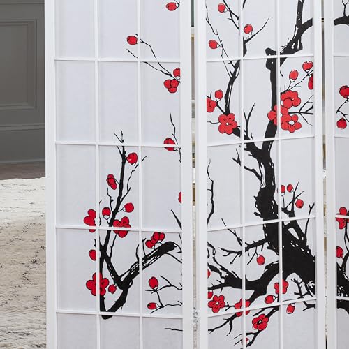 Roundhill Furniture White Japanese 4-Panel Screen Room Divider, Plum Blossom - color: White