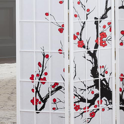 Roundhill Furniture White Japanese 4-Panel Screen Room Divider, Plum Blossom - color: White