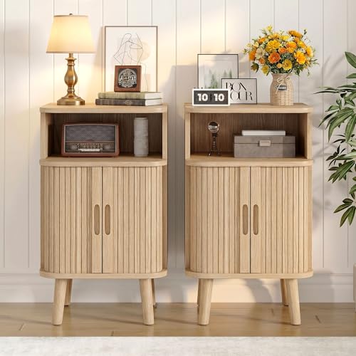 Alohappy Nightstand Set of 2, Mid Century Modern End Table with Storage, Fluted Bedside Table, Wooden Curved Profile Night Stands with Sliding Tambour Door for Bedroom, Living Room, Light Oak - color: Light Oak