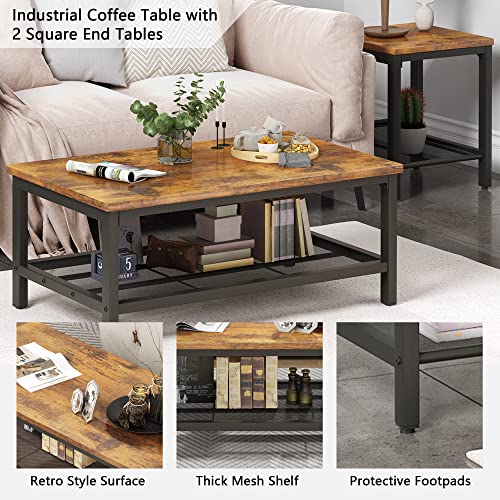 3 Pieces Living Room Table Set, Industrial Coffee Table with 2 Square End Side Tables, Coffee Table Set with Metal Frame for Apartment Home Office, Rustic Brown - color: Rustic Brown