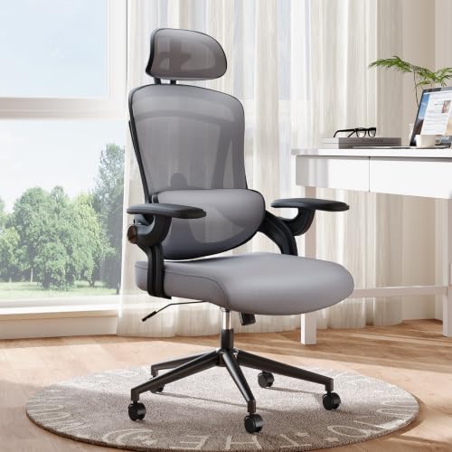 DUMOS Executive Home Office Chair, Ergonomic Computer Desk Chair, Mesh | 300 LBS, High Back, 2D Headrest, Adjustable Lumbar Support, Flip-up Armrests, Swivel Wheels, Gray - color: Grey