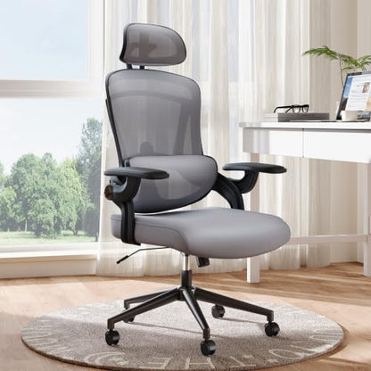 DUMOS Executive Home Office Chair, Ergonomic Computer Desk Chair, Mesh | 300 LBS, High Back, 2D Headrest, Adjustable Lumbar Support, Flip-up Armrests, Swivel Wheels, Gray - color: Grey