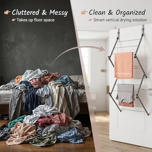 Over Door Clothes Drying Rack, 10 Bar Foldable Hanging Drying Rack, Space Saving Laundry Organizer, Heavy Duty Clothes Airer Indoor & Outdoor Garment Storage Solution (Grey)