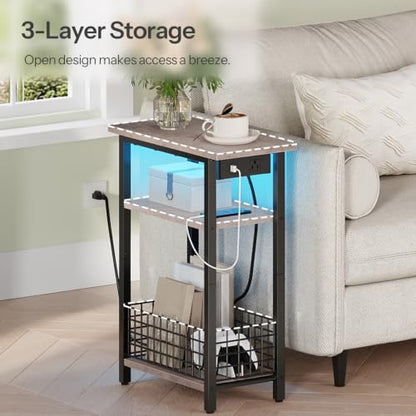 HOOBRO Narrow Side Table with Charging Station and LED Light, Small End Table with Storage, Skinny Nightstand with USB Port, Slim Bedside Table for Small Spaces, Living Room, Greige BG242UDBZ01 - color: Greige + Black