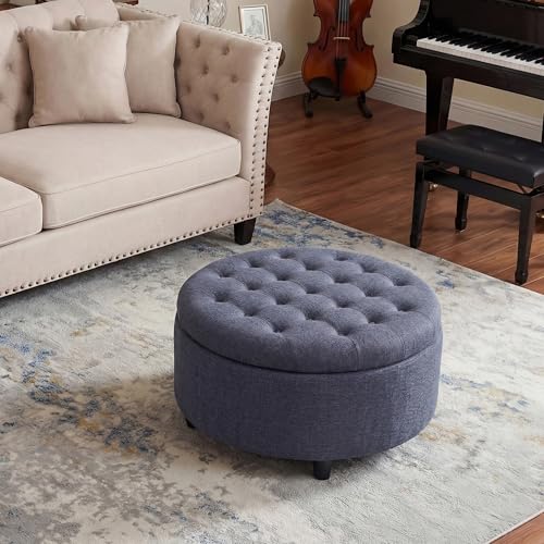 COLAMY Round Hidden Storage Ottoman with Reversible Tray Lid – Multi-Functional Footrest, Sturdy & Stylish Fabric Coffee Table for Living Room, Bedroom, or Entryway, Blue - color: Blue